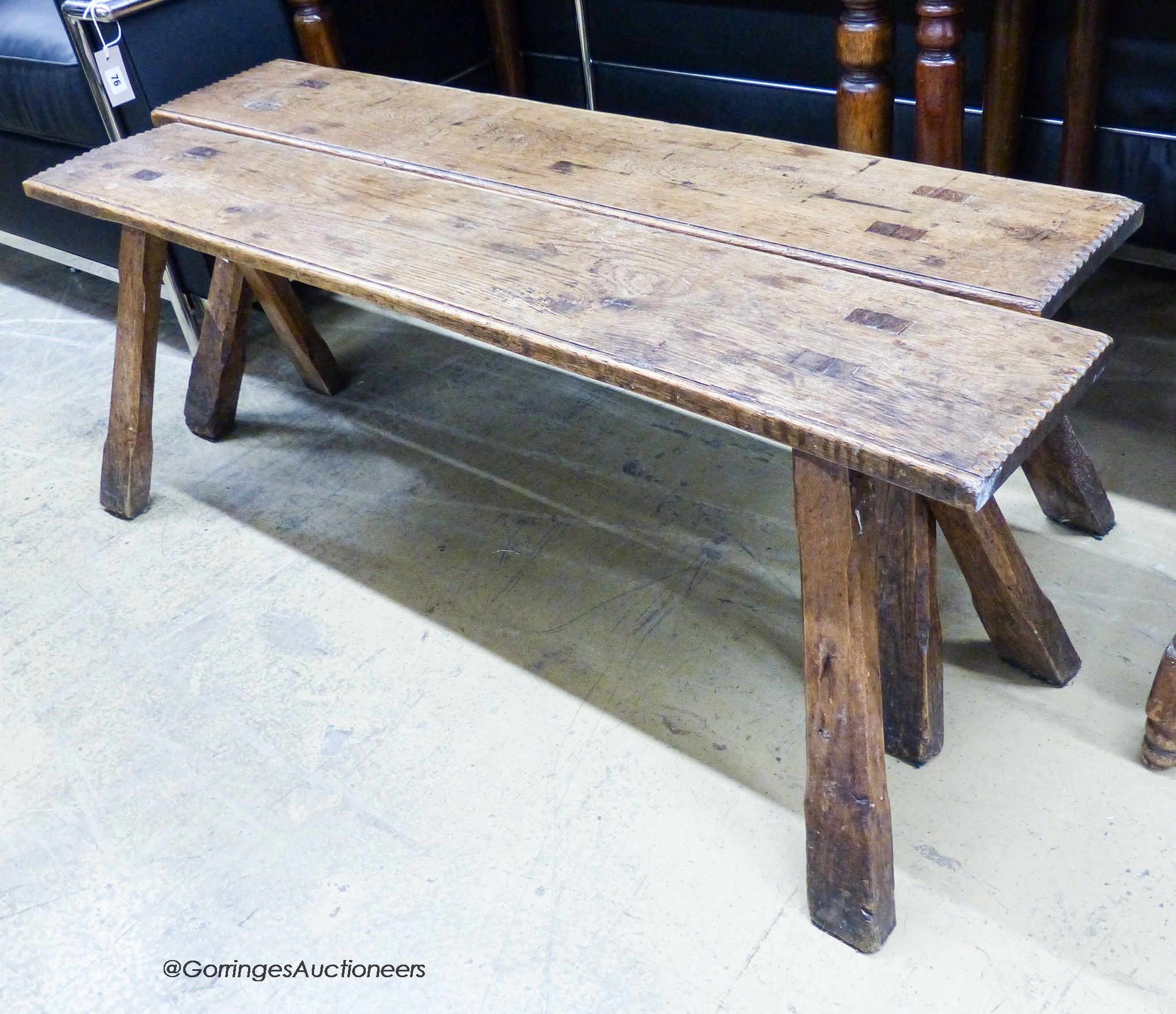 A pair of late 18th / early 19th century oak and elm benches, length 120cm, depth 22cm, height 43cm together with a pine joint stool